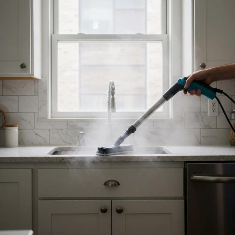 A steam cleaning machine expertly sanitizing kitchen tiles in a New York residence