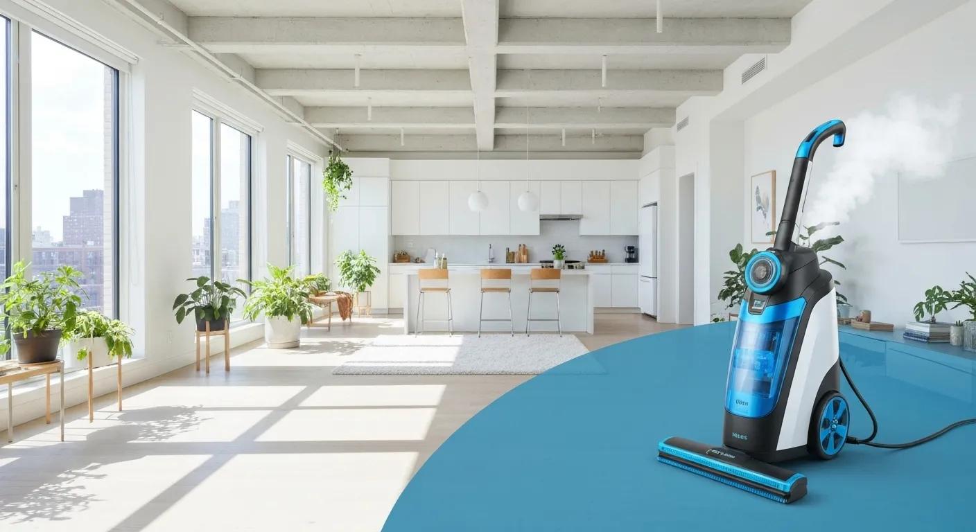 A bright NYC apartment showcasing eco-friendly steam cleaning, featuring plants and modern equipment