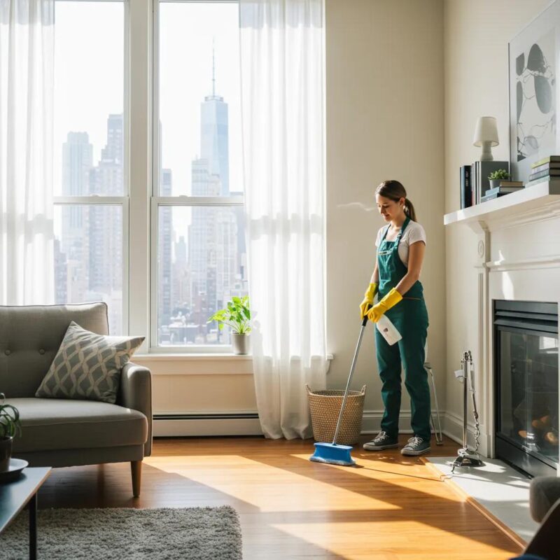 A professional cleaner in a pristine New York City apartment, emphasizing the advantages of residential cleaning services