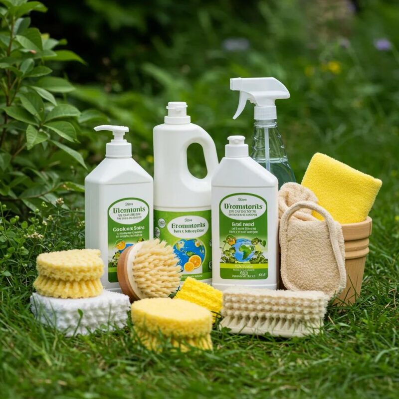 Eco-friendly cleaning products displayed in a garden setting, emphasizing sustainable cleaning practices
