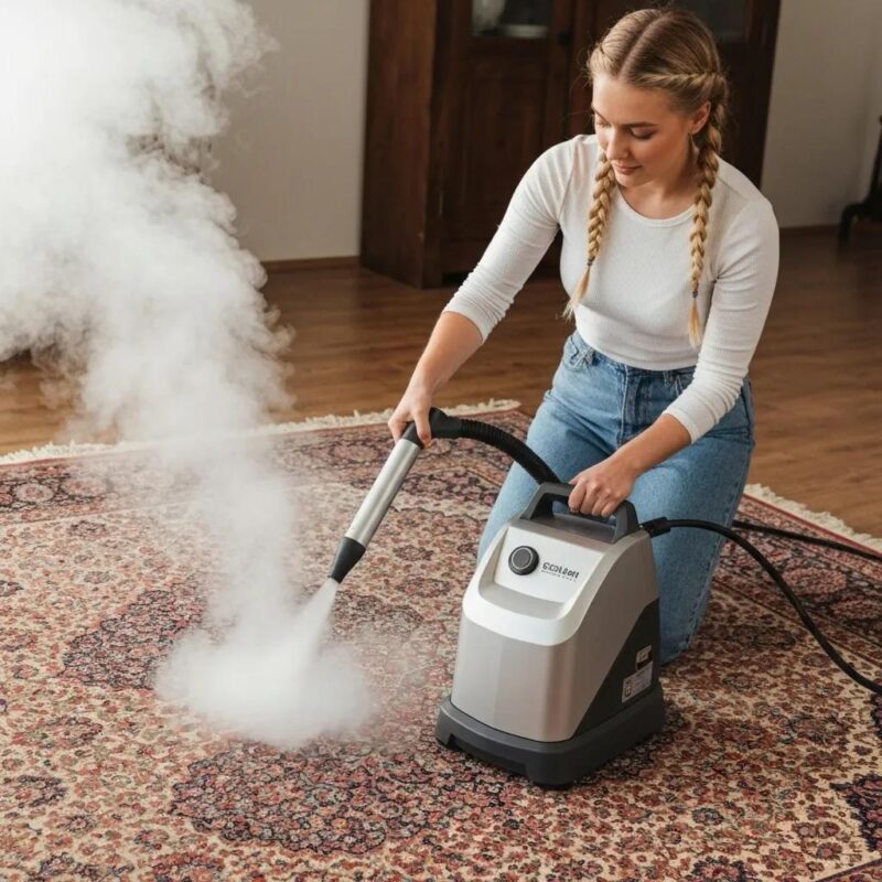 Steam cleaning machine effectively cleaning a carpet with visible steam