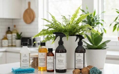 Eco-friendly cleaning products displayed on a kitchen counter with plants