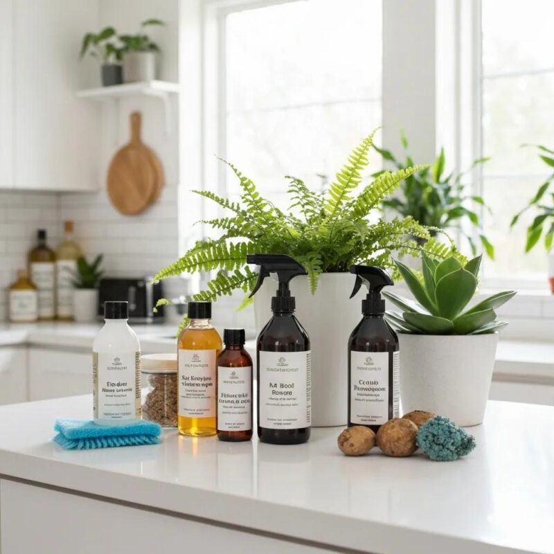 Eco-friendly cleaning products displayed on a kitchen counter with plants
