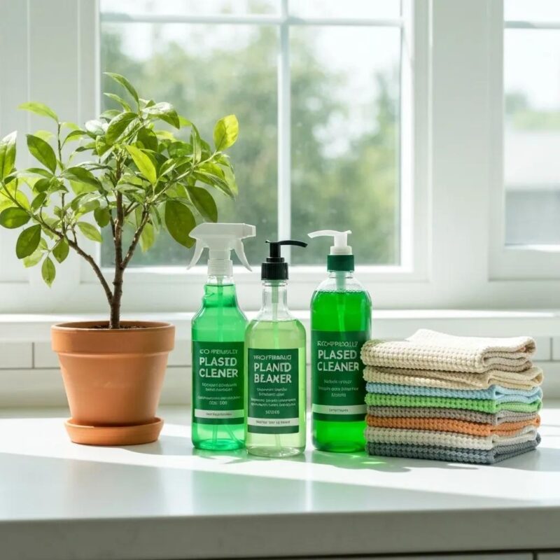 A selection of eco-friendly cleaning products neatly arranged on a kitchen counter, highlighting our commitment to non-toxic solutions