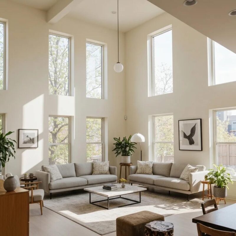 Professional house cleaner in a bright living room using eco-friendly products