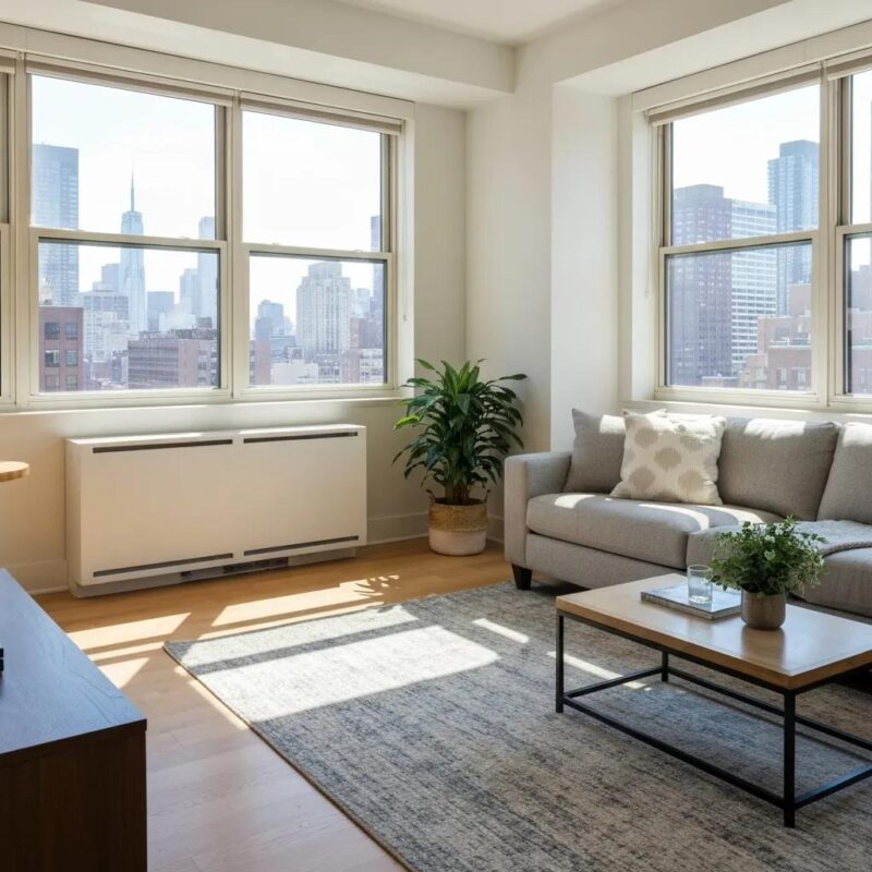 Bright and clean NYC apartment interior showcasing a modern living room with sunlight and city skyline view