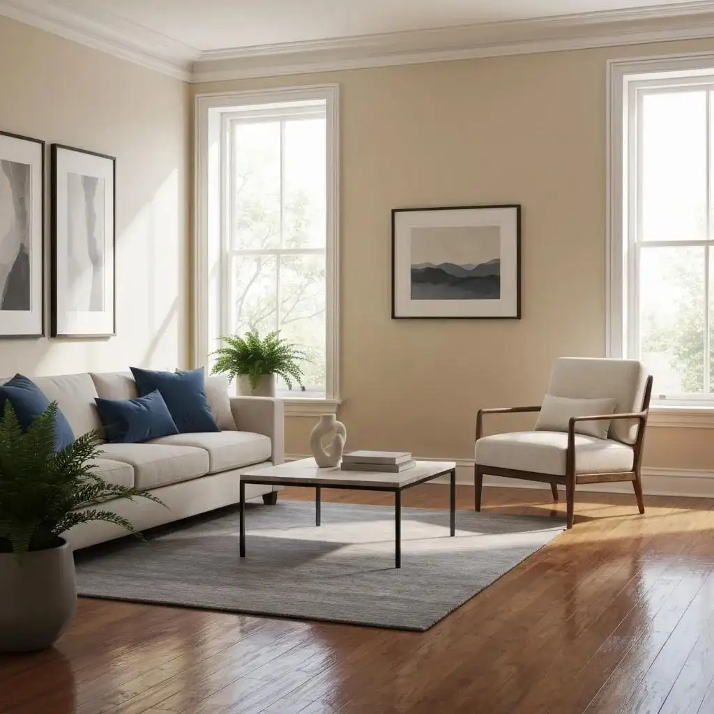 A pristine Manhattan living room, sparkling clean thanks to eco-friendly steam cleaning by a professional technician.