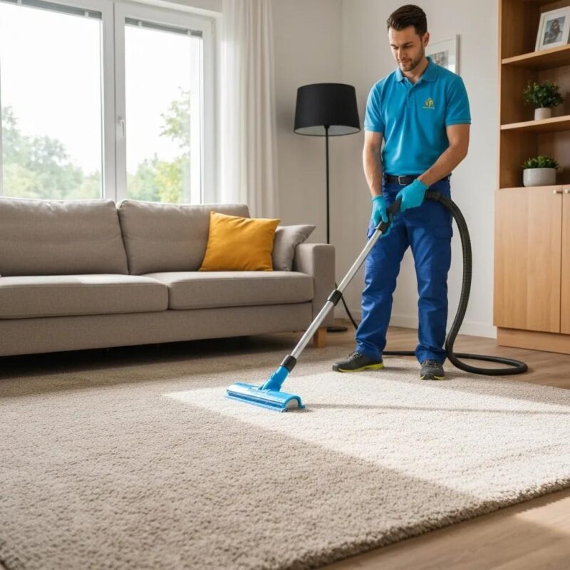 Professional carpet cleaning in a bright living room, showcasing advanced cleaning equipment and a rejuvenated carpet