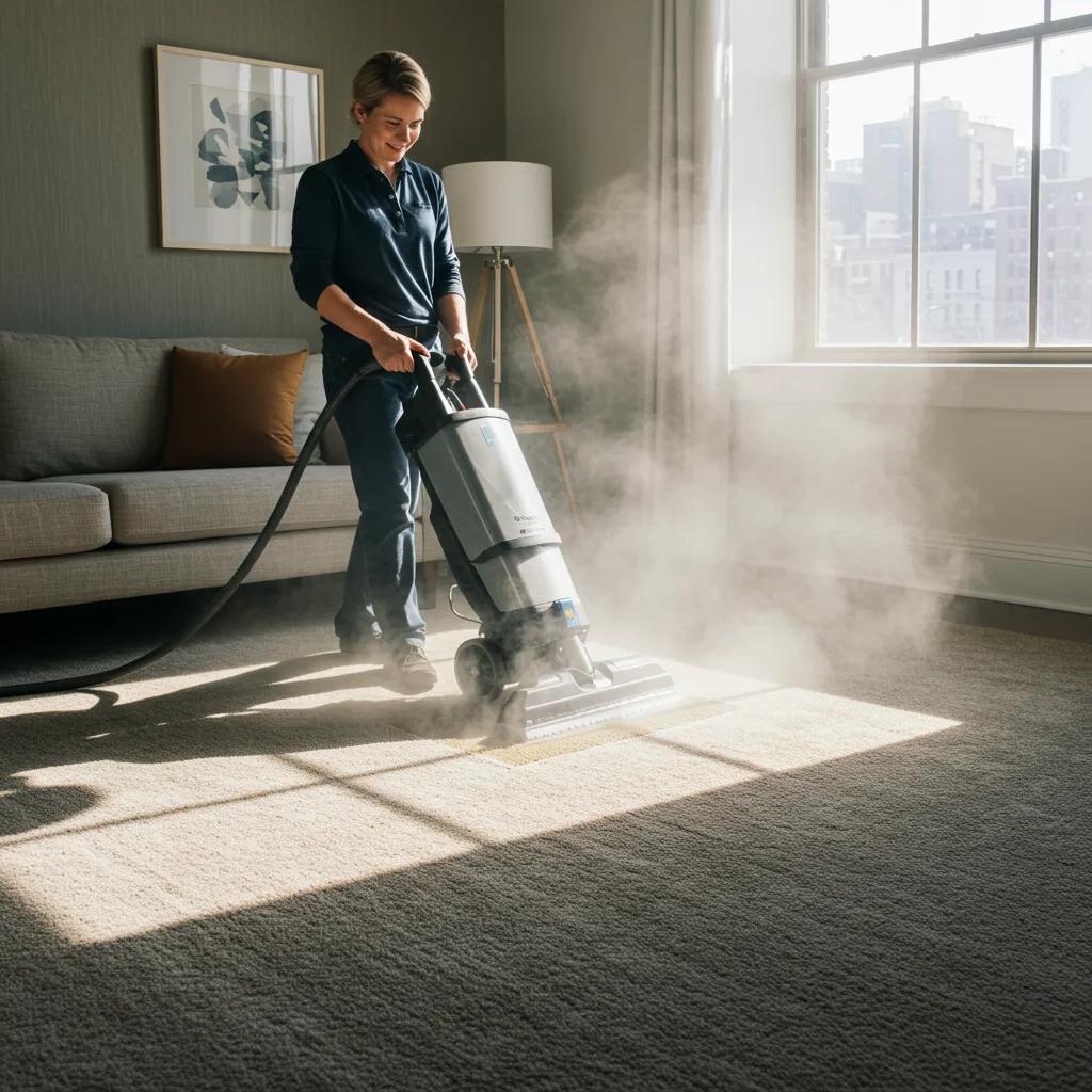 Professional carpet cleaning service in a Manhattan apartment, showcasing steam cleaning equipment and a clean, inviting space