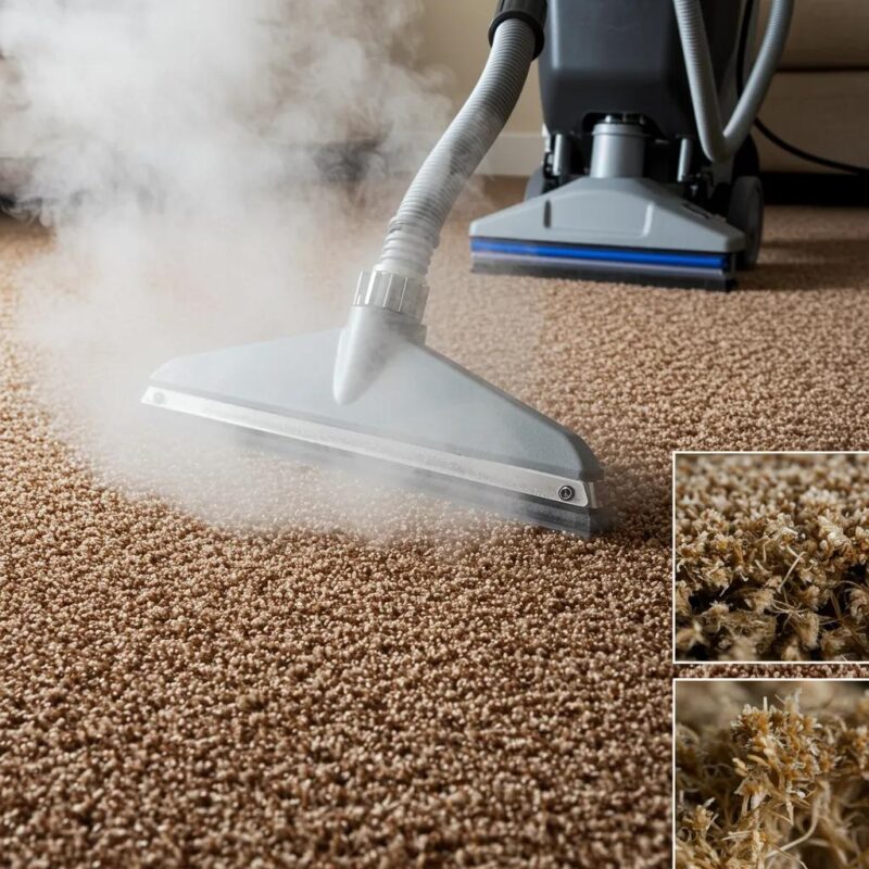 Steam cleaning process demonstrating hot water extraction on carpet fibers, highlighting effectiveness in allergen removal
