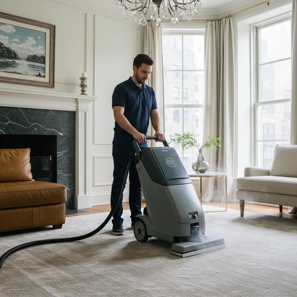 Expert carpet cleaning technician in NYC using advanced steam cleaning equipment
