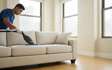 Technician professionally cleaning a sofa in a bright New York apartment