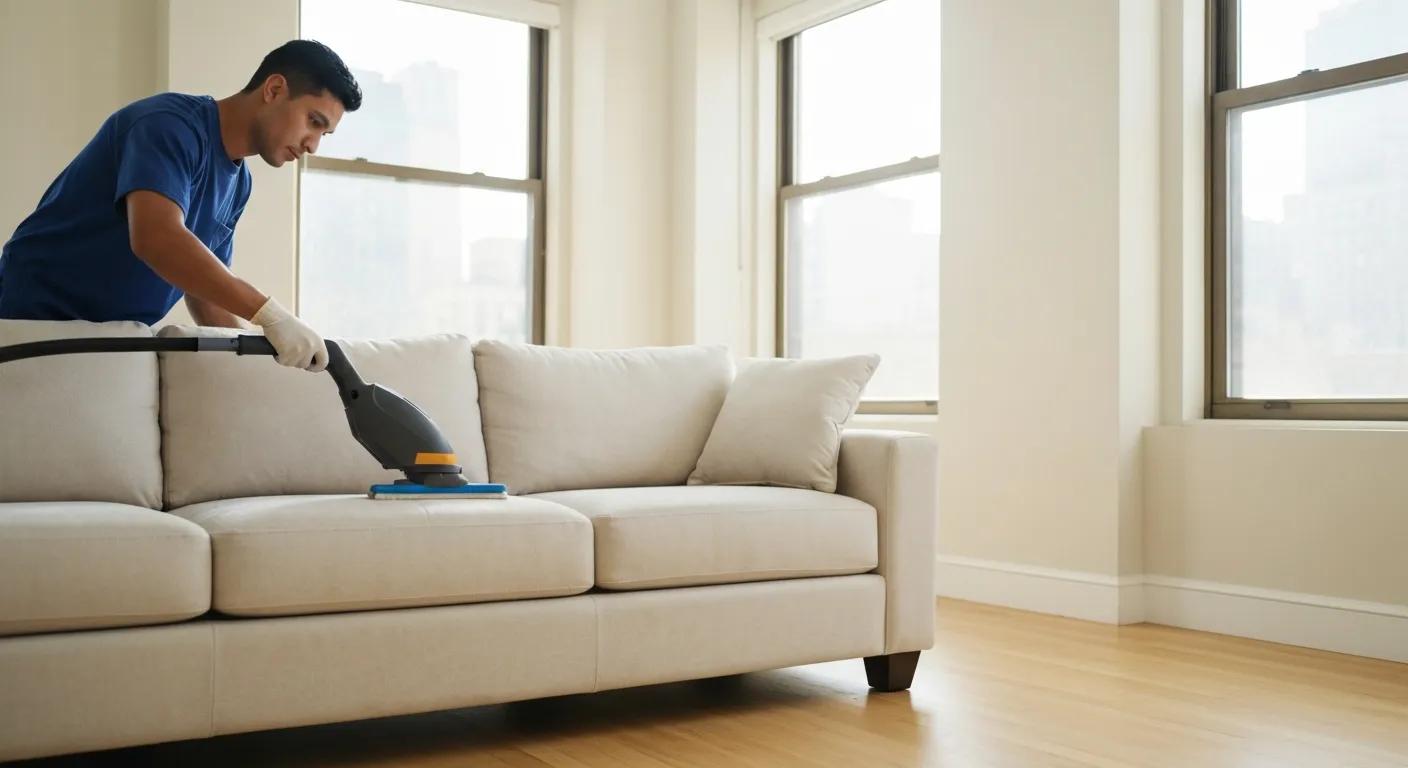 Technician professionally cleaning a sofa in a bright New York apartment