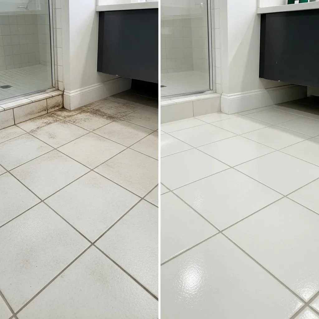 Technician steam-cleaning tile and grout in a contemporary New York City kitchen using eco-friendly methods