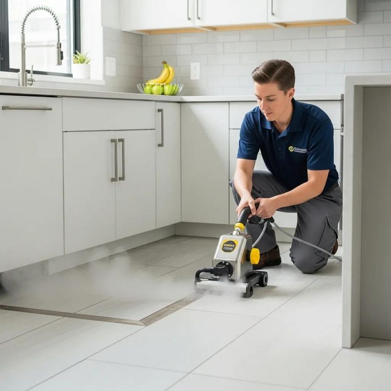 A selection of ceramic, porcelain, and natural stone tiles laid out for inspection and specialized cleaning