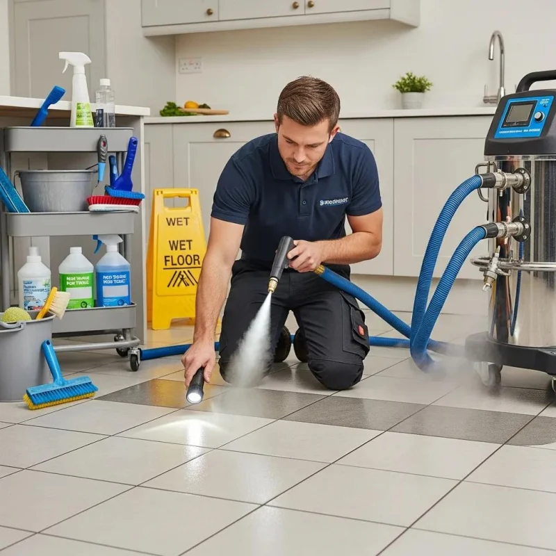 Polished bathroom tile after steam cleaning, emphasizing improved health and eco-friendly cleaning