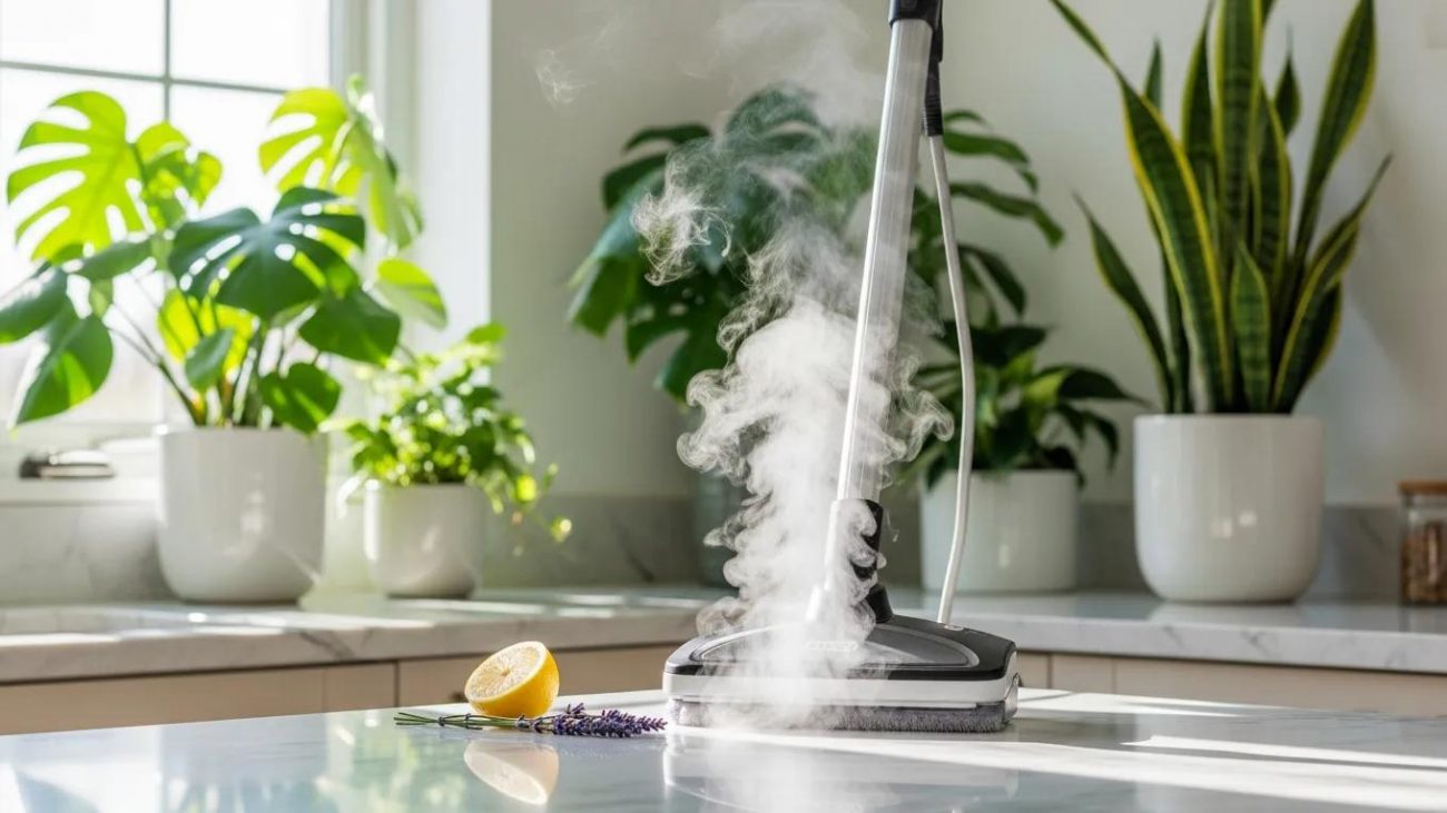 Eco-friendly steam cleaning equipment surrounded by plants, emphasizing sustainable cleaning practices in NYC