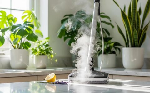 Eco-friendly steam cleaning equipment surrounded by plants, emphasizing sustainable cleaning practices in NYC