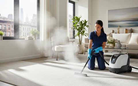 Steam cleaning in a bright NYC apartment, showcasing the effectiveness of eco-friendly cleaning methods