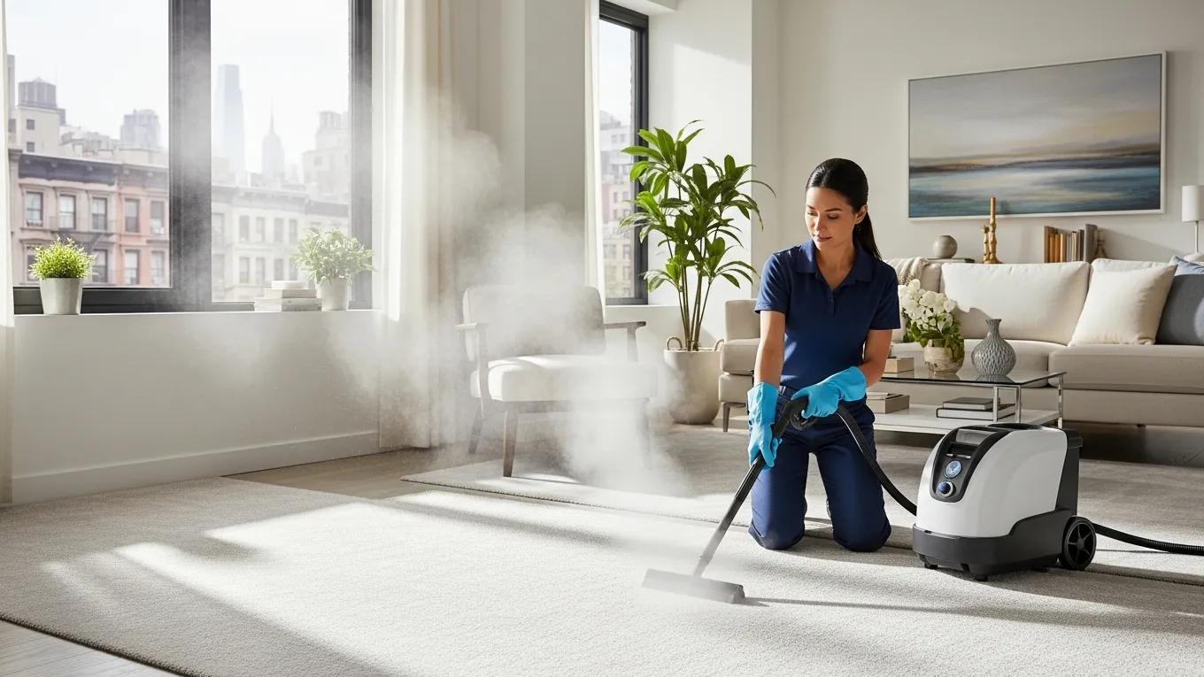 Steam cleaning in a bright NYC apartment, showcasing the effectiveness of eco-friendly cleaning methods