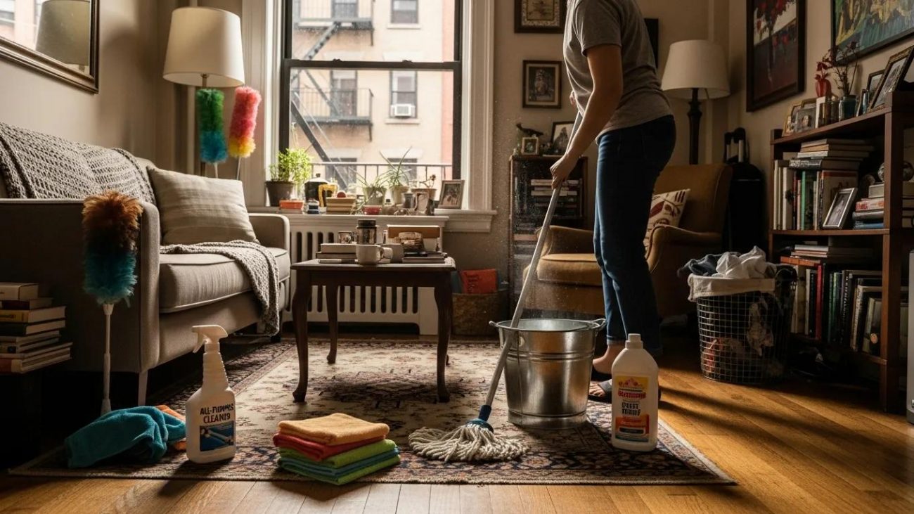 Traditional cleaning methods in a cozy NYC apartment, highlighting the manual effort and cleaning supplies used