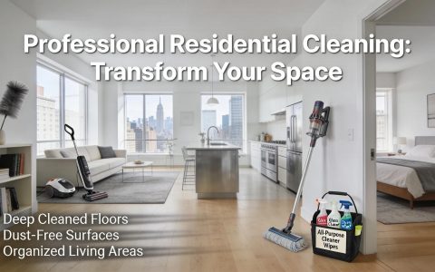 Modern New York City apartment illustrating benefits of professional residential cleaning services with visible cleaning tools