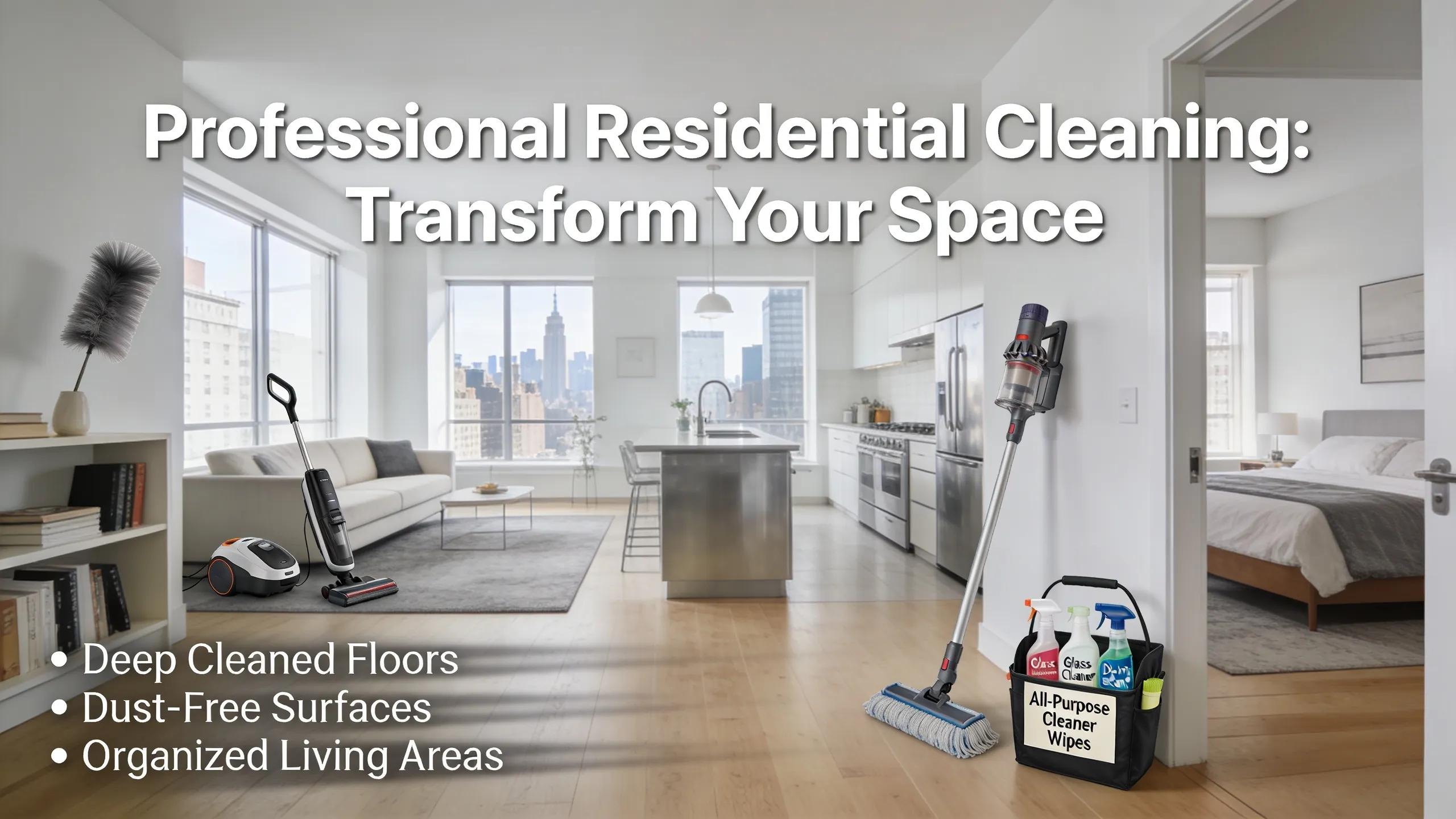 Modern New York City apartment illustrating benefits of professional residential cleaning services with visible cleaning tools